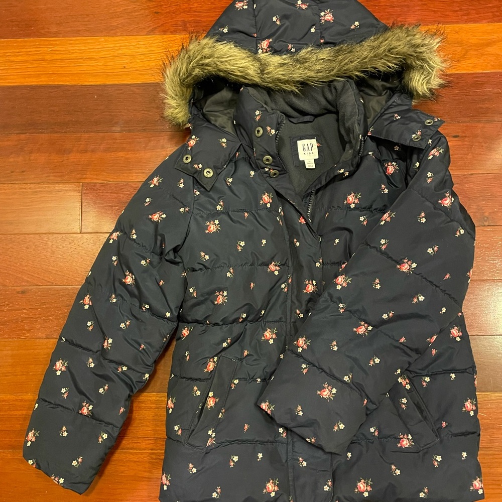 Girls XL winter jacket, Navy with Flowers